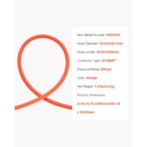 air hose, 1/2" x 50ft hybrid air hose, lightweight, kink resistant, pneumatic hoses with 1/2 inch solid brass male fittings, three layer hybrid material, 300 psi, all weather flexibility, orange