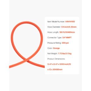 air hose, 1/4" x 100ft hybrid air hose, lightweight, kink resistant, pneumatic hoses with 1/4 inch solid brass male fitting, three layer hybrid material, 300 psi, all weather flexibility, orange