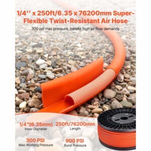 air hose, 1/4" x 250ft hybrid air hose, lightweight, kink resistant, pneumatic hoses with three layer hybrid material for auto, home & building, 300 psi, all weather flexibility, orange