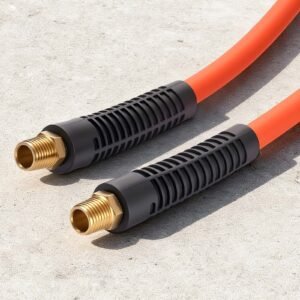 air hose, 1/4" x 25ft hybrid air hose, lightweight, kink resistant, pneumatic hoses with 1/4 inch solid brass male fittings, three layer hybrid material, 300 psi, all weather flexibility, orange