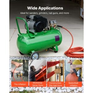 air hose, 1/4" x 25ft hybrid air hose, lightweight, kink resistant, pneumatic hoses with 1/4 inch solid brass male fittings, three layer hybrid material, 300 psi, all weather flexibility, orange