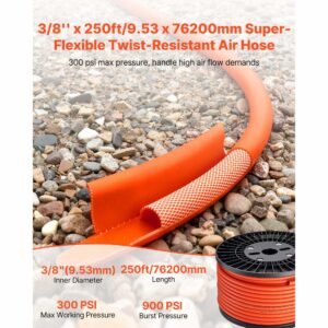 air hose, 3/8'' x 250ft hybrid air hose, lightweight, kink resistant, pneumatic hoses with three layer hybrid material for auto, home & building, 300 psi, all weather flexibility, orange