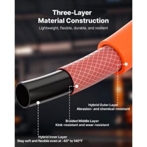 air hose, 3/8'' x 250ft hybrid air hose, lightweight, kink resistant, pneumatic hoses with three layer hybrid material for auto, home & building, 300 psi, all weather flexibility, orange