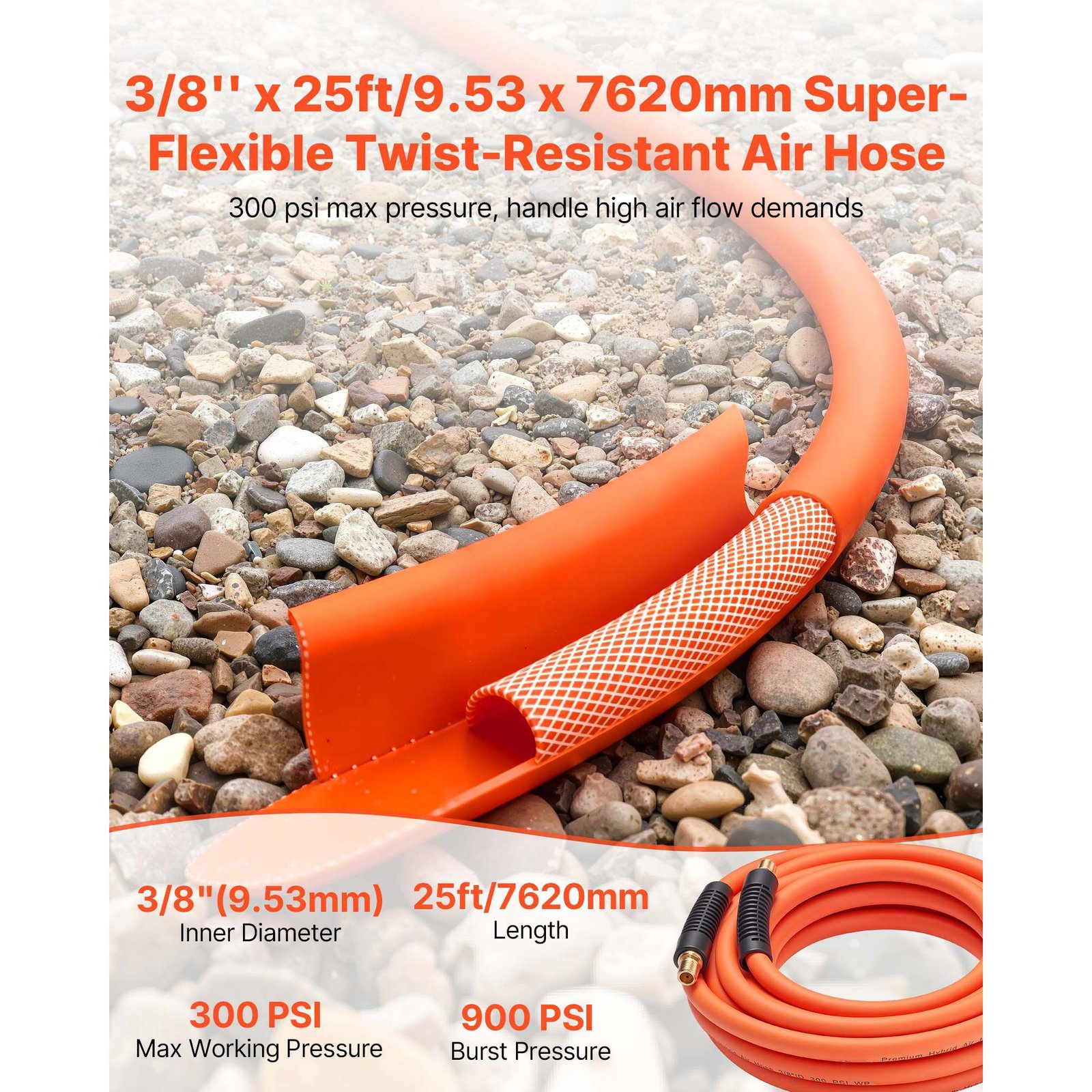air hose, 3/8'' x 25ft hybrid air hose, lightweight, kink resistant, pneumatic hoses with 1/4 inch solid brass male fitting, three layer hybrid material, 300 psi, all weather flexibility, orange