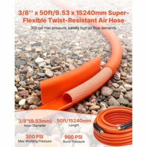 air hose, 3/8'' x 50ft rubber air compressor hose, 300 psi kink resistant pneumatic hoses with 1/4 inch solid mnpt bras fittings, three layer construction, all weather flexibility