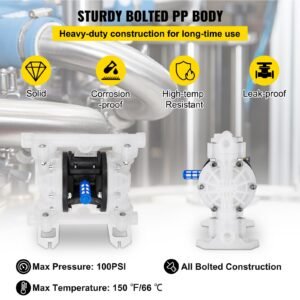 air operated double diaphragm pump, 1/2 in inlet & outlet, polypropylene body, 8.8 gpm & max 120psi, ptfe diaphragm pneumatic transfer pump for petroleum, diesel, oil & low viscosity fluids