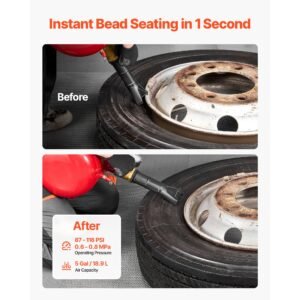 air tire bead seater, 5 gal / 18.9 l, heavy duty tire bead blaster tool, 87 116 psi operating pressure, air trigger seating inflator for pickup, truck, atv, jeep, van, lawn tractor, rv, red