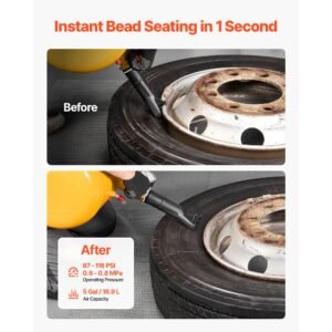 air tire bead seater, 5 gal / 18.9 l, heavy duty tire bead blaster tool, 87 116 psi operating pressure, air trigger seating inflator for pickup, truck, atv, jeep, van, lawn tractor, rv, yellow
