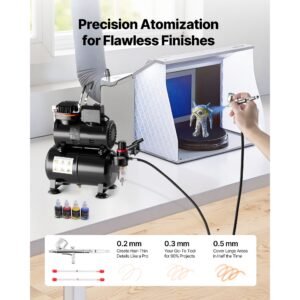 airbrush kit, 1/6 hp, air brush kit with air compressor and tank, 1 dual action professional airbrush with 3 tips, acrylic paint, low noise, for cake decorating, model painting, nail art