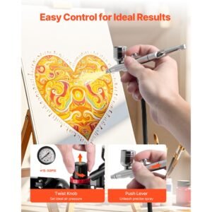 airbrush kit, 1/6 hp, air brush kit with air compressor and tank, 1 dual action professional airbrush with 3 tips, acrylic paint, low noise, for cake decorating, model painting, nail art