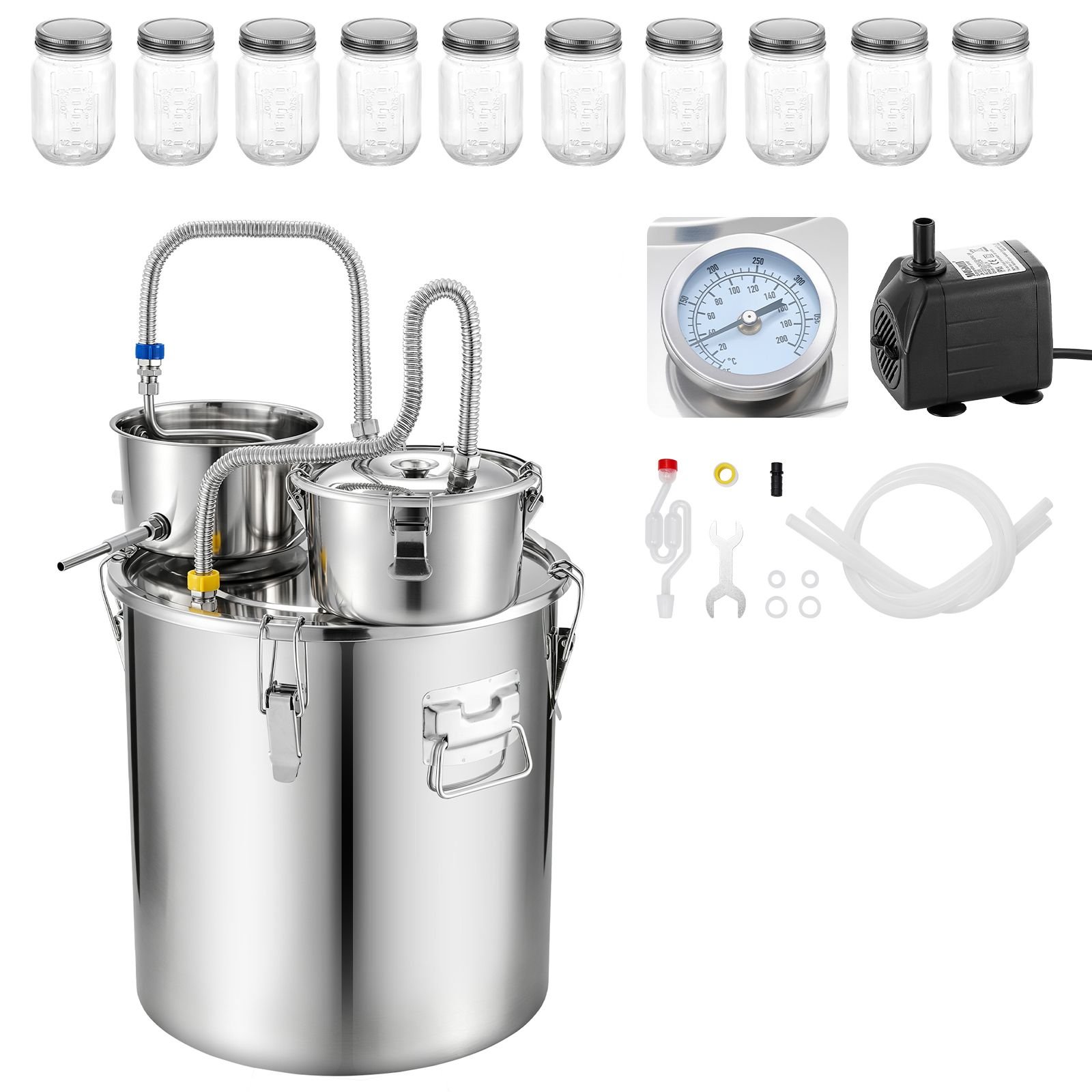 alcohol still, 13.2 gal/ 50l alcohol distiller with 10 x 16oz glass jars, thumper keg, dual scale thermometer, and water pump, home brewing kit for diy whiskey wine brandy