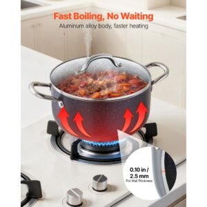 aluminum stock pot, 6 quart nonstick ceramic coated pot with glass lid, pfoa free, pfas free, compatible with gas stoves, induction cooktops, electric stoves, for soups, stews, and pasta