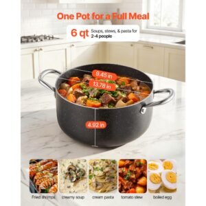 aluminum stock pot, 6 quart nonstick ceramic coated pot with glass lid, pfoa free, pfas free, compatible with gas stoves, induction cooktops, electric stoves, for soups, stews, and pasta