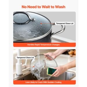 aluminum stock pot, 6 quart nonstick ceramic coated pot with glass lid, pfoa free, pfas free, compatible with gas stoves, induction cooktops, electric stoves, for soups, stews, and pasta