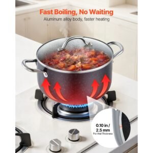 aluminum stock pot, 8 quart nonstick ceramic coated pot with glass lid, pfoa free, pfas free, compatible with gas stoves, induction cooktops, electric stoves, for soups, stews, and pasta