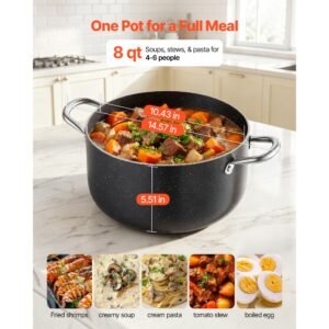 aluminum stock pot, 8 quart nonstick ceramic coated pot with glass lid, pfoa free, pfas free, compatible with gas stoves, induction cooktops, electric stoves, for soups, stews, and pasta