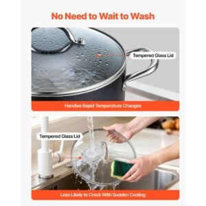 aluminum stock pot, 8 quart nonstick ceramic coated pot with glass lid, pfoa free, pfas free, compatible with gas stoves, induction cooktops, electric stoves, for soups, stews, and pasta