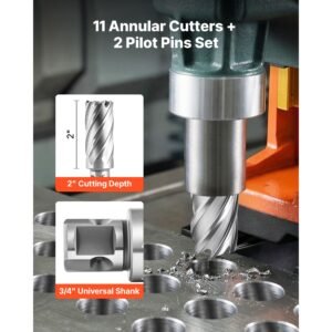 annular cutter set, 13 pcs universal shank mag drill bits kit, 2" cutting depth, 7/16" to 1 1/16" cutting diameter, hss, 11 drill bits with 2 pilot pins, plastic case, for magnetic drills, steel
