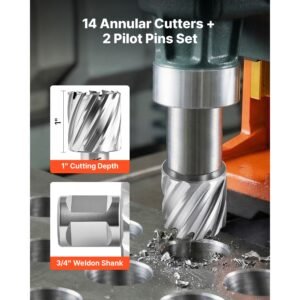 annular cutter set, 16 pcs weldon shank mag drill bits kit, 1" cutting depth, 7/16" to 1 3/8" cutting diameter, hss, 14 drill bits with 2 pilot pins, plastic case, for magnetic drills, steel