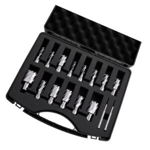 Annular Cutter Set, 16 pcs Weldon Shank Mag Drill Bits Kit, 1" Cutting Depth, 7/16" to 1-3/8" Cutting Diameter, HSS, 14 Drill Bits with 2 Pilot Pins, Plastic Case, for Magnetic Drills, Steel