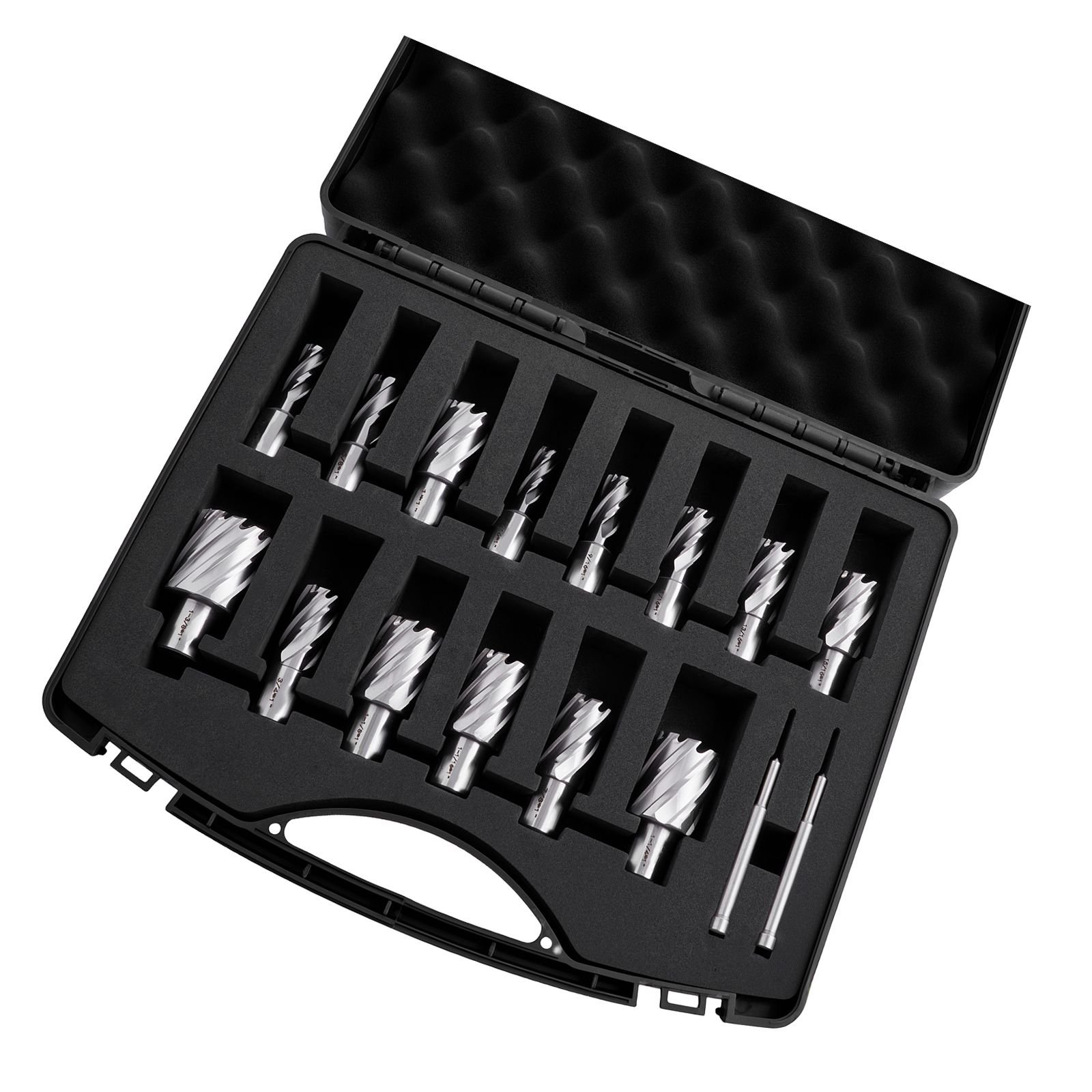 annular cutter set, 16 pcs weldon shank mag drill bits kit, 1" cutting depth, 7/16" to 1 3/8" cutting diameter, hss, 14 drill bits with 2 pilot pins, plastic case, for magnetic drills, steel