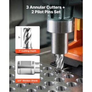 annular cutter set, 5 pcs weldon shank mag drill bits kit, 1" cutting depth, 1/2", 5/8", 1" cutting diameter, hss, 3 drill bits with 2 pilot pins and 3 plastic cases, for magnetic drills, steel