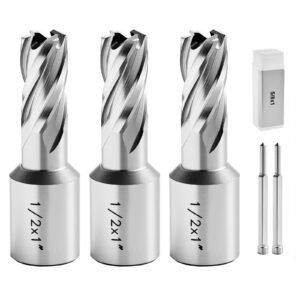 Annular Cutter Set, 5 pcs Weldon Shank Mag Drill Bits Kit, 1" Cutting Depth, 1/2", 5/8", 1" Cutting Diameter, HSS, 3 Drill Bits with 2 Pilot Pins and 3 Plastic Cases, for Magnetic Drills, Steel