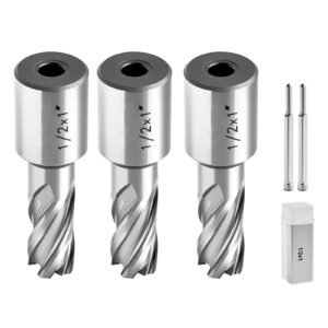 Annular Cutter Set, 5 pcs Weldon Shank Mag Drill Bits Kit, 1" Cutting Depth, 1/2" Cutting Diameter, HSS, 3 Drill Bits with 2 Pilot Pins and 3 Plastic Cases, for Magnetic Drills, Steel, Aluminum