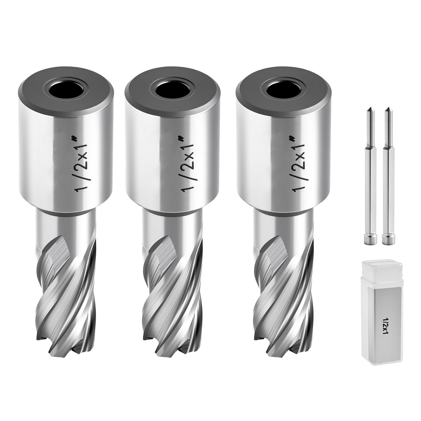 annular cutter set, 5 pcs weldon shank mag drill bits kit, 1" cutting depth, 1/2" cutting diameter, hss, 3 drill bits with 2 pilot pins and 3 plastic cases, for magnetic drills, steel, aluminum