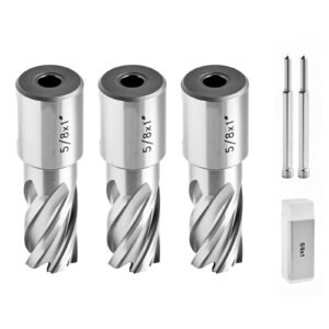 Annular Cutter Set, 5 pcs Weldon Shank Mag Drill Bits Kit, 1" Cutting Depth, 5/8" Cutting Diameter, HSS, 3 Drill Bits with 2 Pilot Pins and 3 Plastic Cases, for Magnetic Drills, Steel, Aluminum