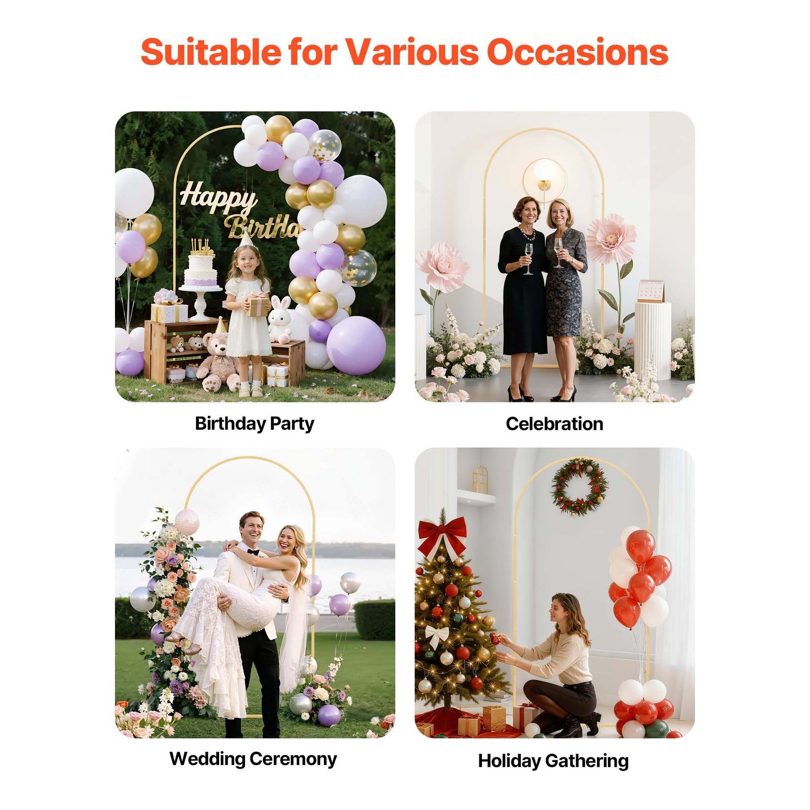 arch backdrop stand, 6.6 x 3.3 ft, stable structure, easy assembly, 1 piece gold metal arch backdrop stand for wedding, birthday party, graduation, holiday celebration, and ceremony decoration