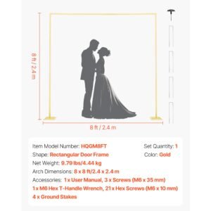 arch backdrop stand, 8 x 8 ft, stable structure, easy assembly, square gold metal arch backdrop stand for wedding, birthday party, graduation, holiday celebration, and ceremony decoration