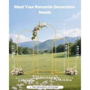 arch backdrop stand, set of 3, 6/5/4 ft, stable structure, easy assembly, gold metal arch backdrop stand for wedding, birthday party, graduation, holiday celebration, and ceremony decoration