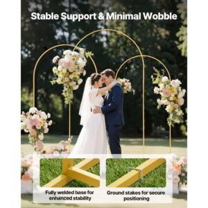 arch backdrop stand, set of 3, 8/7.2/6.6 ft, stable structure, easy assembly, gold metal arch backdrop stand for wedding, birthday party, graduation, holiday celebration, and ceremony decoration