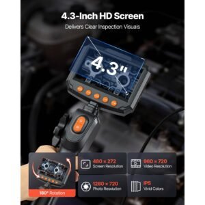 articulating endoscope with light, two way articulated borescope camera, 4.3" hd ips screen, 1280 x 720 lens, 8x zoom, ip67 waterproof inspection snake camera for auto, plumbing (4.9ft cable)