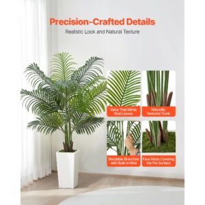 artificial areca palm tree 5 ft, fake palm tropical plants with white tall planter, faux floor silk plant in pot, large trees for home office living room decor house warming, indoor outdoor
