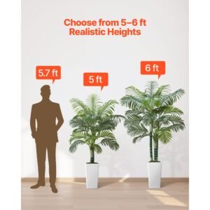 artificial areca palm tree 5 ft, fake palm tropical plants with white tall planter, faux floor silk plant in pot, large trees for home office living room decor house warming, indoor outdoor