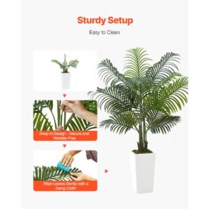 artificial areca palm tree 5 ft, fake palm tropical plants with white tall planter, faux floor silk plant in pot, large trees for home office living room decor house warming, indoor outdoor