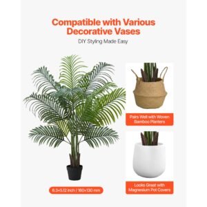 artificial areca palm tree 5 ft, fake palm tropical plants with white tall planter, faux floor silk plant in pot, large trees for home office living room decor house warming, indoor outdoor