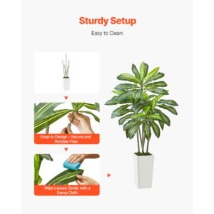 artificial dracaena tree 5 ft, fake palm tropical plants with white tall planter, faux floor silk plant in pot, large trees for home office living room decor house warming, indoor outdoor