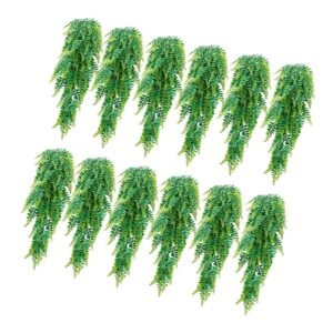 Artificial Ferns, 12 Pcs Fake Hanging Boston Fern Bush Plant with 32 Inch Hanging Length, Plastic Faux Greenery for Indoor/Outdoor Decor, For Wall, Wedding Party, Home, Porch Garden, No Basket