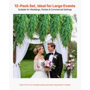 artificial ferns, 12 pcs fake hanging boston fern bush plant with 32 inch hanging length, plastic faux greenery for indoor/outdoor decor, for wall, wedding party, home, porch garden, no basket