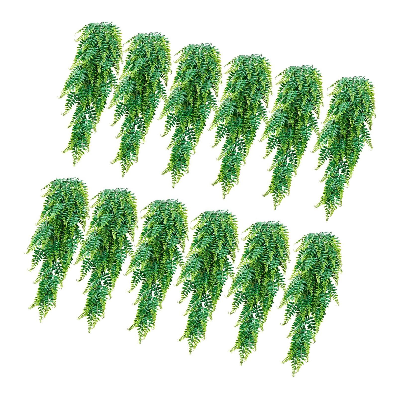 artificial ferns, 12 pcs fake hanging boston fern bush plant with 32 inch hanging length, plastic faux greenery for indoor/outdoor decor, for wall, wedding party, home, porch garden, no basket