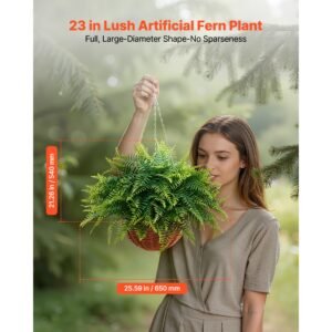 artificial ferns, 2 pcs fake hanging boston fern bush plant with 23 inch hanging length, plastic faux greenery for indoor and outdoor decor, for wall, wedding party, home, porch garden, office