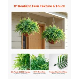 artificial ferns, 2 pcs fake hanging boston fern bush plant with 23 inch hanging length, plastic faux greenery for indoor and outdoor decor, for wall, wedding party, home, porch garden, office