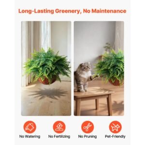 artificial ferns, 2 pcs fake hanging boston fern bush plant with 23 inch hanging length, plastic faux greenery for indoor and outdoor decor, for wall, wedding party, home, porch garden, office