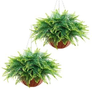 Artificial Ferns, 2 Pcs Fake Hanging Boston Fern Bush Plant with 23 Inch Hanging Length, Plastic Faux Greenery for Indoor and Outdoor Decor, For Wall, Wedding Party, Home, Porch Garden, Office