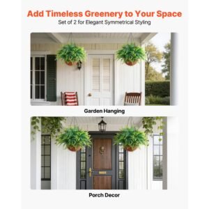 artificial ferns, 2 pcs fake hanging boston fern bush plant with 23 inch hanging length, plastic faux greenery for indoor and outdoor decor, for wall, wedding party, home, porch garden, office