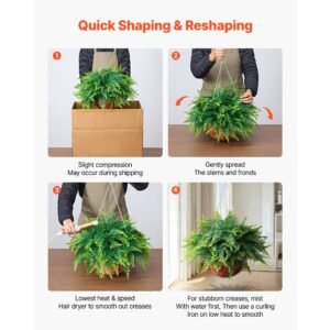 artificial ferns, 2 pcs fake hanging boston fern bush plant with 23 inch hanging length, plastic faux greenery for indoor and outdoor decor, for wall, wedding party, home, porch garden, office