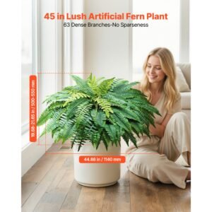 artificial ferns, 45 inch fake boston fern bush plant with 63 fronds, faux greenery for indoor/outdoor decor, silk & ldpe, suitable for home porch garden office living room planter, set of 2
